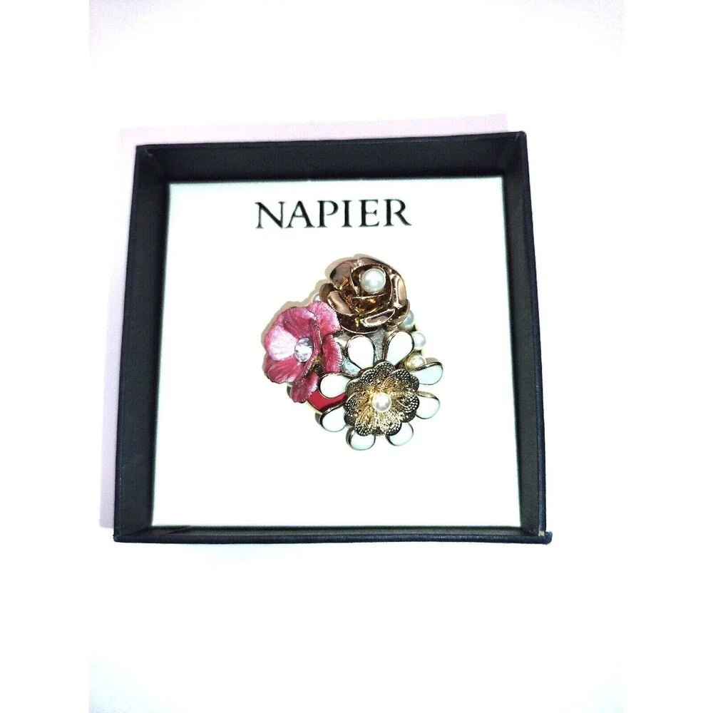 Napier Brooch Pin 3 Flower Cluster Floral Pink White Enamel Faux Pearls with Box